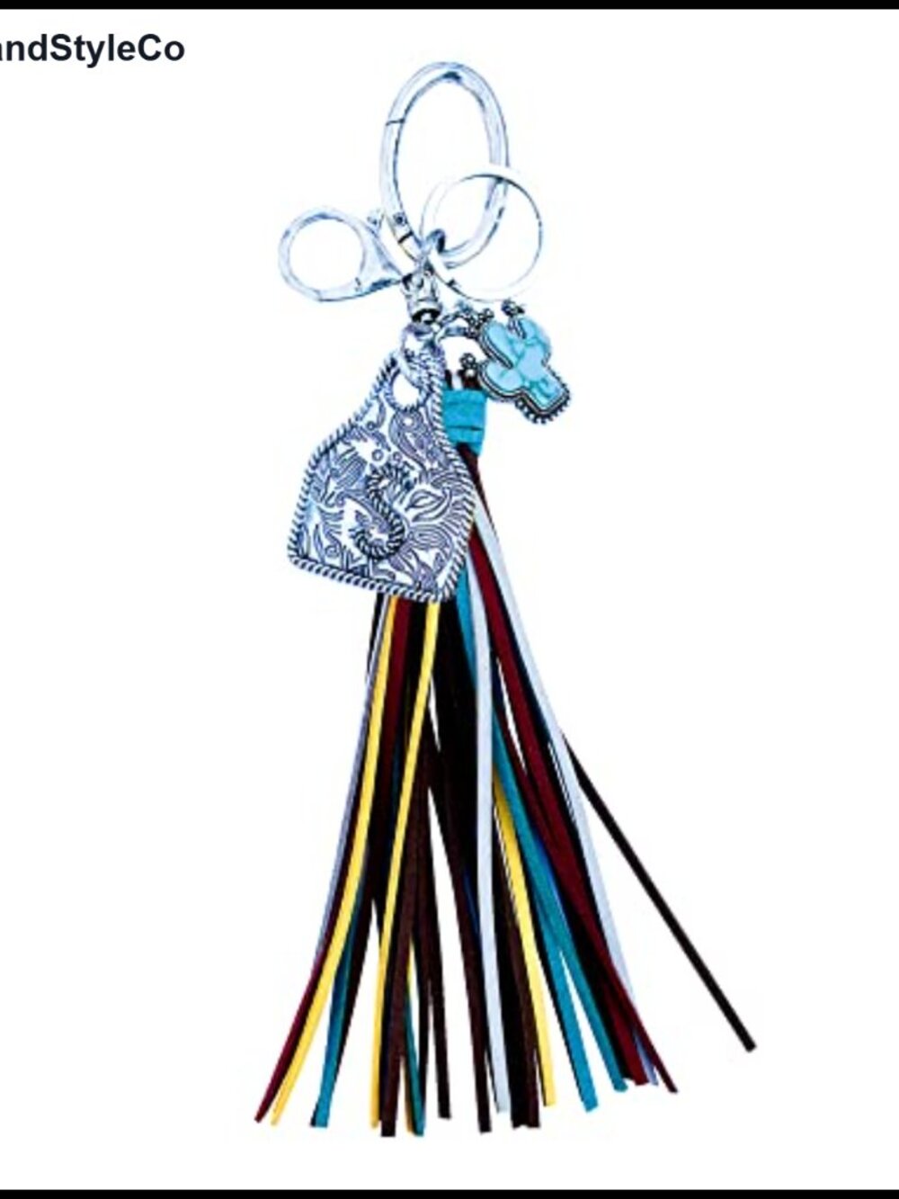 Western Cow Ear Tag Keychain Bag Charm Faux Turquoise Cactus Suede Tassel